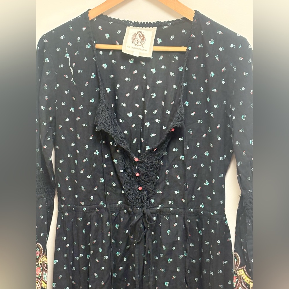 Chasing Unicorns Bohemian Black Floral Long Sleeve Dress size Large - Picture 7 of 13